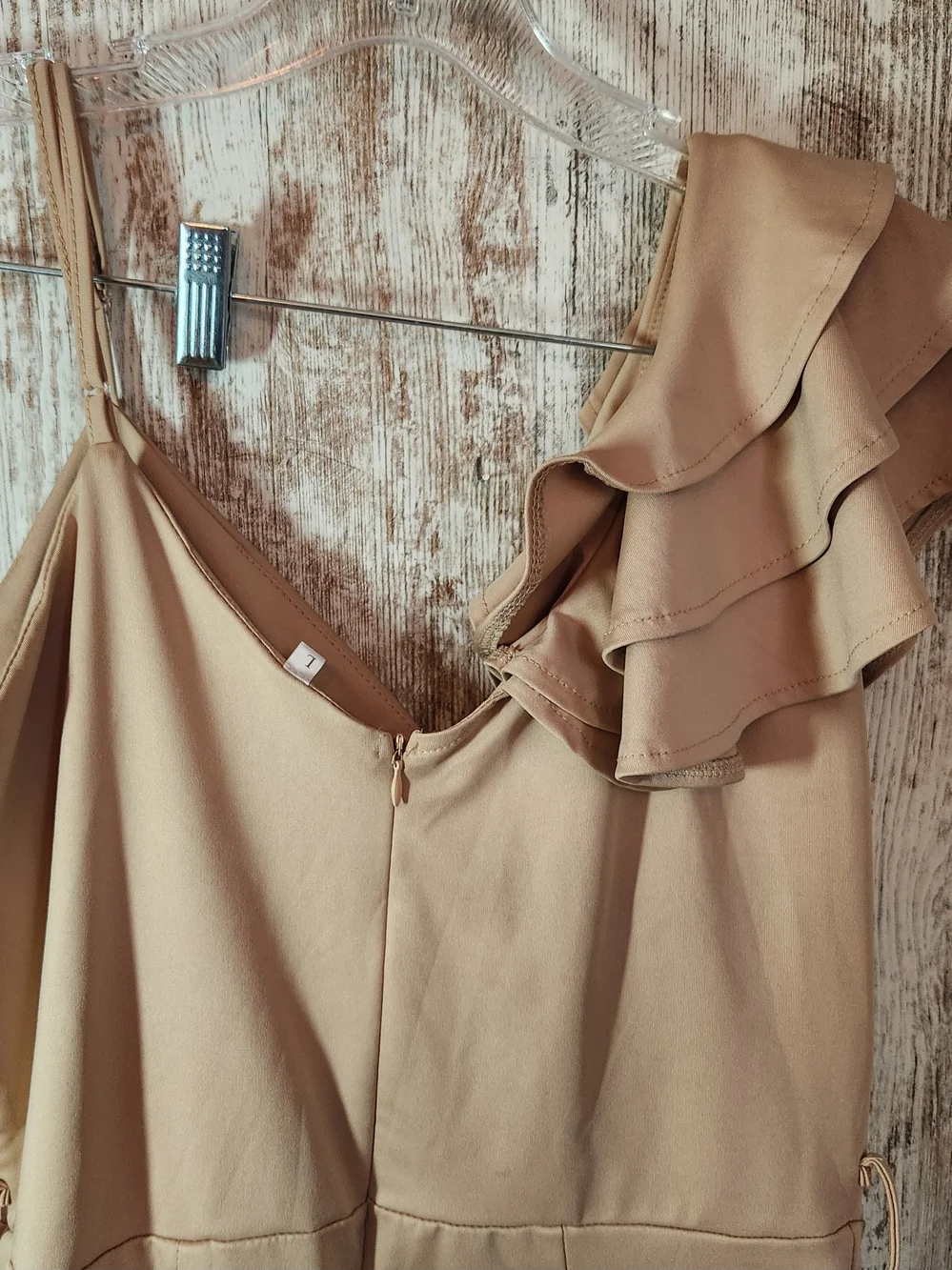 Nude Beige One-Shoulder Asymmetrical Ruffle Wide-Leg Jumpsuit Size Large